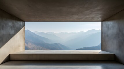 Minimalist interior design of a modern house with a large window offering a view of the mountain