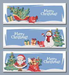 Set of Christmas horizontal banners with Santa Claus, gifts, snowman, Christmas tree on a blue background in a flat cartoon style. Vector illustration for poster, banner, invitation, etc.