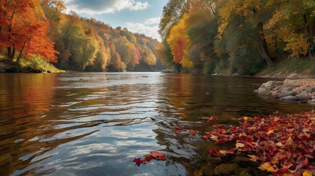 Autumn River Reflection: Tranquil river scene with vibrant fall foliage, a peaceful setting for nature lovers and photographers seeking serene landscapes. 