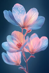 Fototapeta premium Beautiful pastel pink flowers, with delicate petals and intricate details, on a dark blue background, illuminated by soft lighting