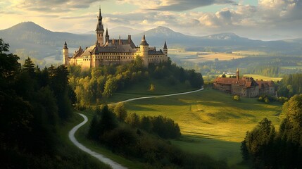 Fototapeta premium A castle situated on a hill, surrounded by green trees and hills, with visible paths leading to it. The scene is set against a backdrop of rolling mountains under soft light