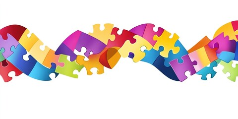 Vibrant colorful puzzle ribbon design for Autism Awareness Day. Abstract marketing background featuring vivid jigsaw pieces symbolizing diversity and inclusion. Ideal for awareness campaigns, educatio