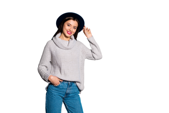 Photo of pretty lady cool street look going to party wear vintage hat knitted pullover isolated blue background