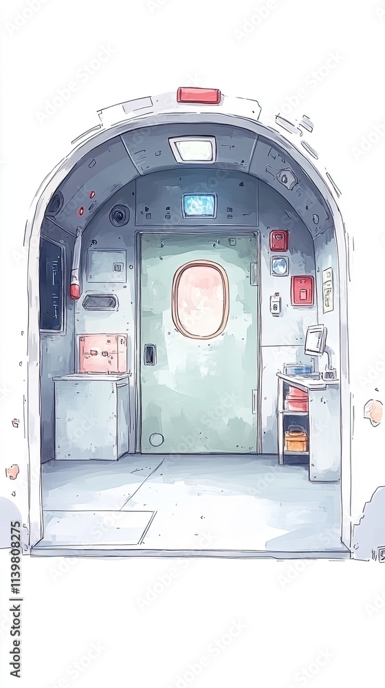 Poster a view from the outside of a small, arched doorway leading into a spaceship control room with a clos