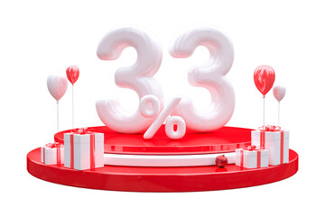 Christmas sale 33 percent stand on podium with gift box and floating balloon