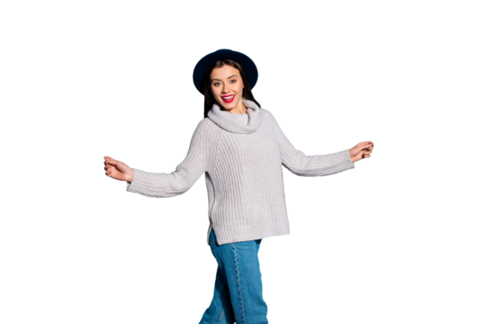 Photo of pretty lady going to party wear vintage hat knitted pullover isolated blue background
