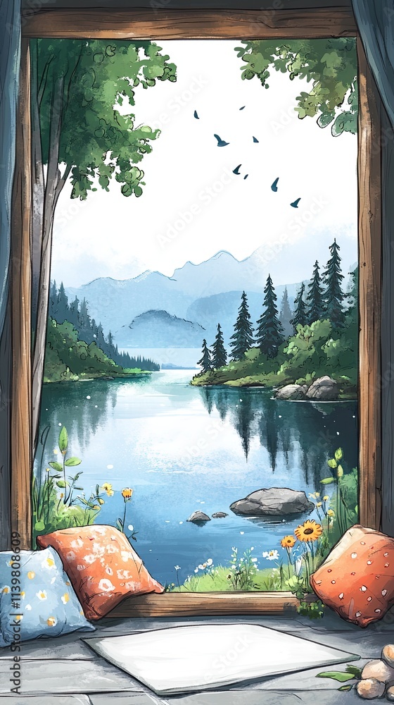 Poster a view of a lake and mountains from a window with pillows and a blank piece of paper on a wooden flo