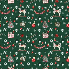 Christmas seamless pattern with gift boxes, retro toys, balls and christmas tree. Hand drawn illustration in sketch style. Template for wrapping paper and textile.