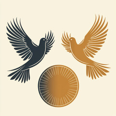 Obraz premium Stylized dove pair icon with minimalist design, featuring two birds in flight and circular sun element. This artwork conveys harmony and peace