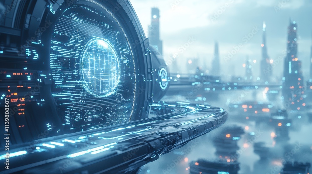 Poster futuristic cityscape with digital elements and advanced technology.