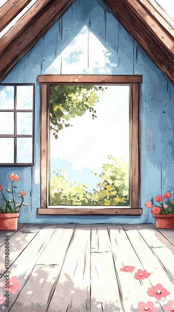 Poster a view of a summer day through a window in an attic room.