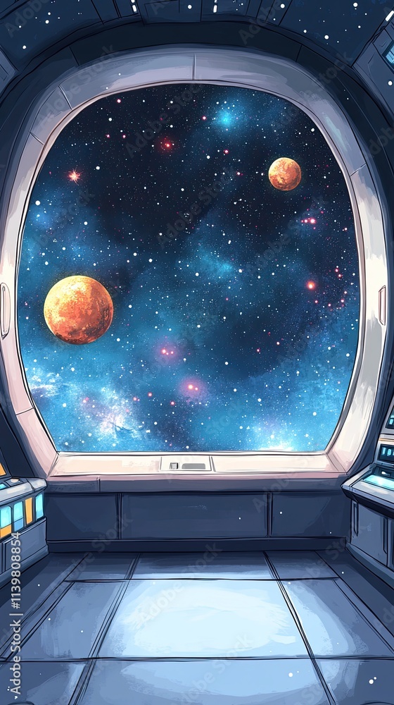 Poster a view of space from a spaceship window with two planets and stars visible.