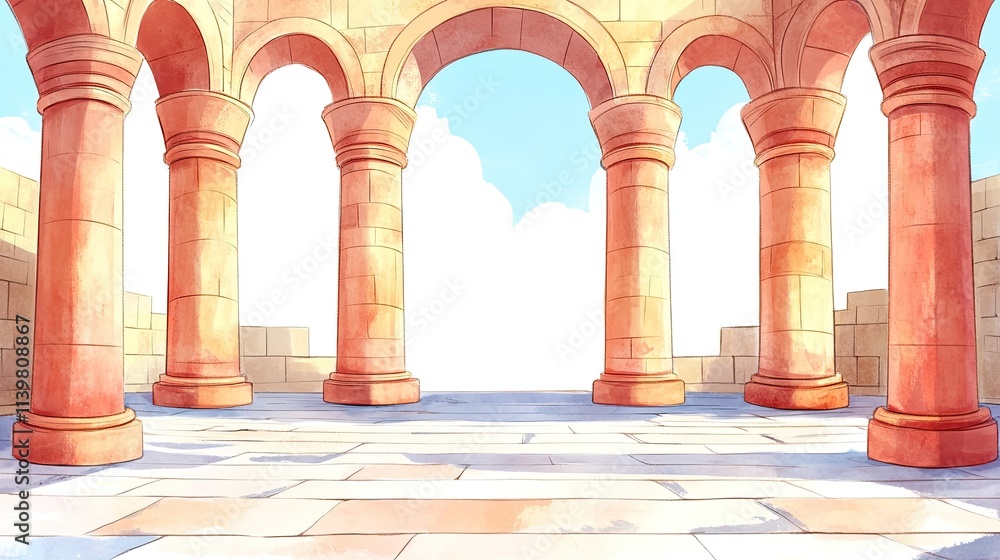 Poster a view through a row of four columns, showing a blue sky and white clouds.