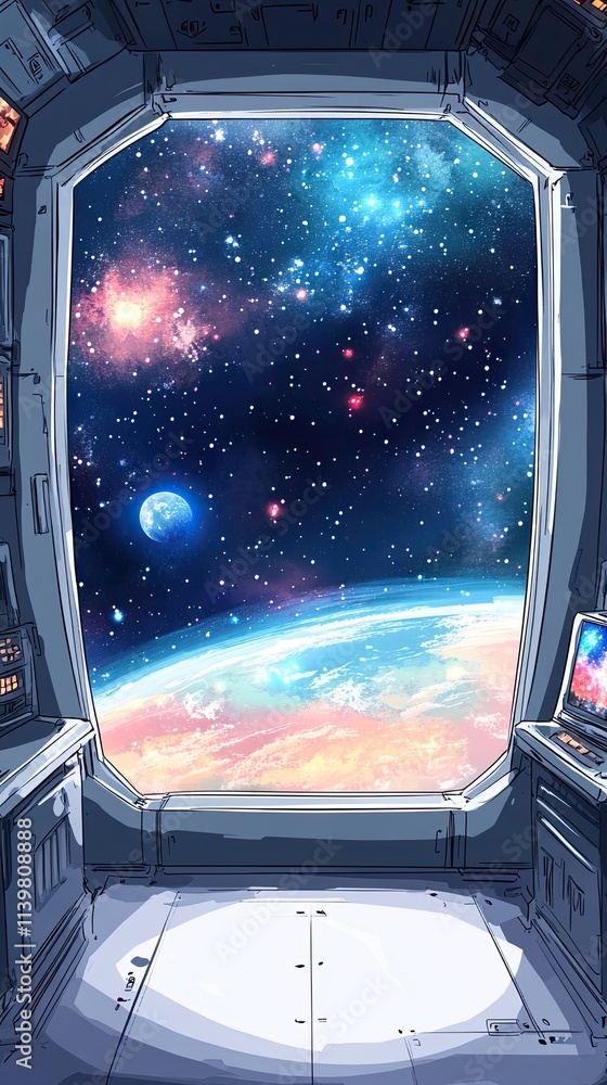 Poster a view of space from the window of a spaceship.