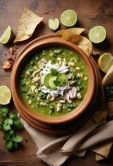 Fototapeta premium Rich and creamy pozole verde in a earthenware bowl , rustic, soup