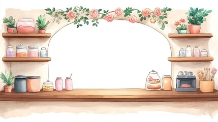 Obraz premium A watercolor illustration of a kitchen counter with shelves, potted plants, and jars of ingredients, featuring a large arched window frame with a floral arch.