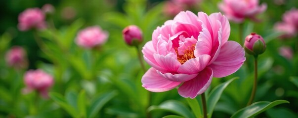 Fototapeta premium Pink peony flowers blooming in a garden with lush green foliage, garden, botanical, flowers