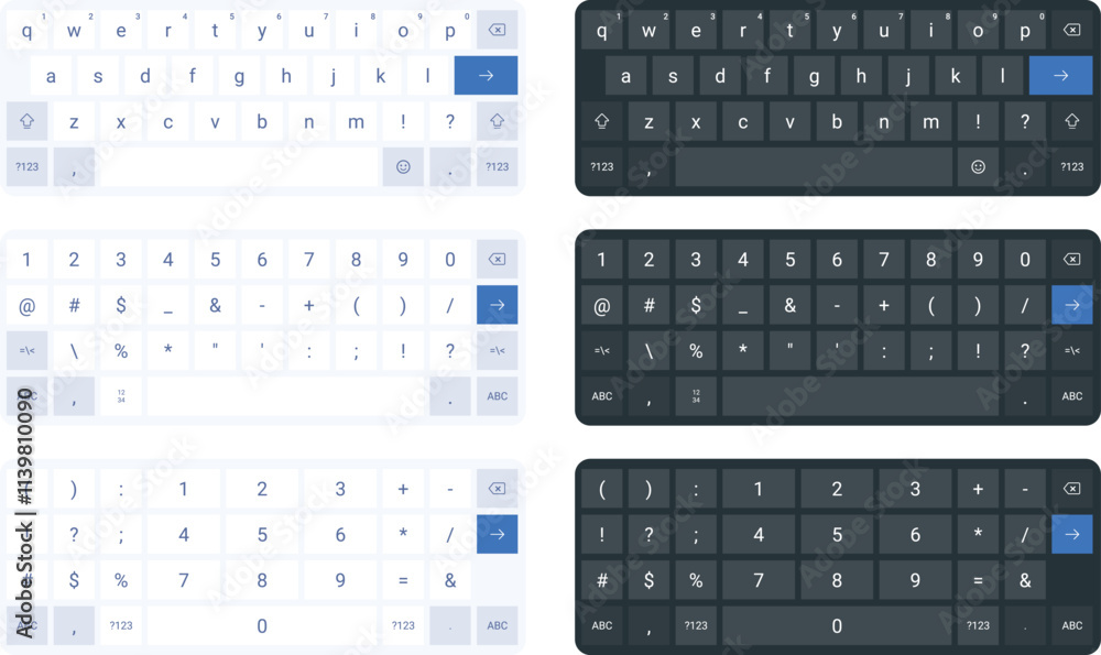Aufkleber mobile keyboard for smartphone or tablet. two keypad template, light and dark user interface ui. vec