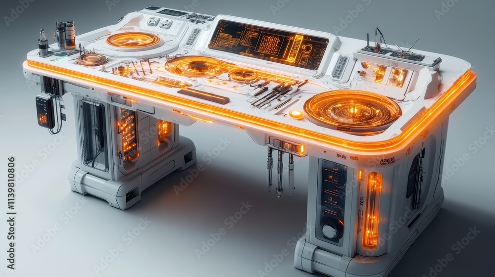 Poster futuristic control desk with glowing elements and various tools.