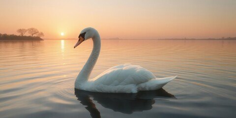 Fototapeta premium Elegant swan gracefully gliding on calm sunrise water, symbolic, wings