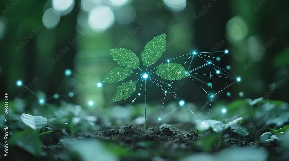 Poster digital connection of nature with leaf and networking concept in green forest environment
