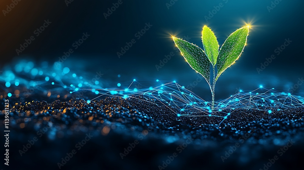 Poster digital growth concept with futuristic seedling and technology elements in a light background