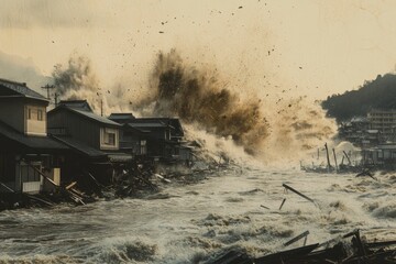 Obraz premium Floodwaters demolish homes; debris flies.