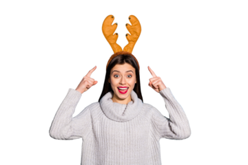 Photo of pretty lady indicating on her head wearing toy horns knitted pullover isolated blue background