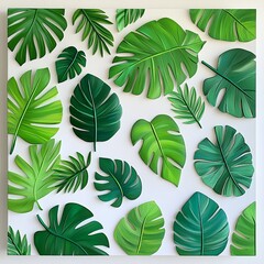 Fototapeta premium Layered tropical green leaves scattered over a white canvas