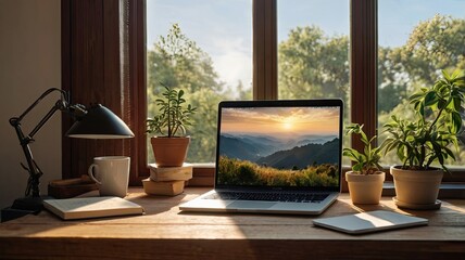 Fototapeta premium Peaceful Workspace by the Window: Laptop displaying scenic landscape, surrounded by plants and books on a rustic wooden desk bathed in natural sunlight.