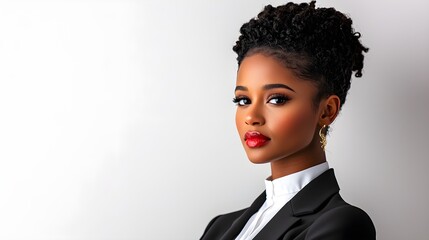 close-up of confident African American female CEO, sharp business suit, poised expression, professional setting, isolated on white background