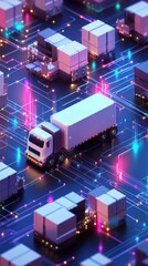 Isometric network of small cargo trucks and boxes with glowing data streams, showing electronic communication and smart logistics with AI driven traffic systems