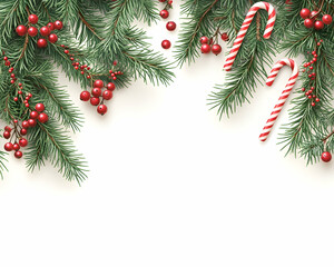 Christmas border with fir branches, candy canes, and berries on white background.