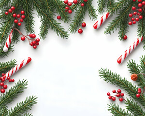 Christmas border with fir branches, candy canes, and berries on white background. (1)