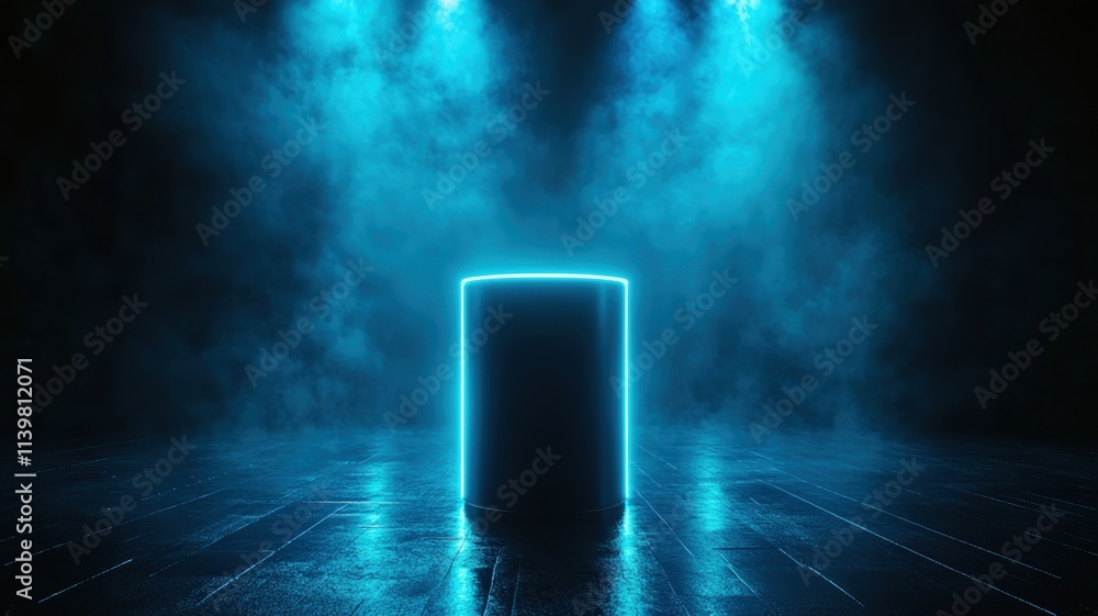 Poster a glowing cylindrical object emits blue light in a misty, dark environment, creating a mysterious an