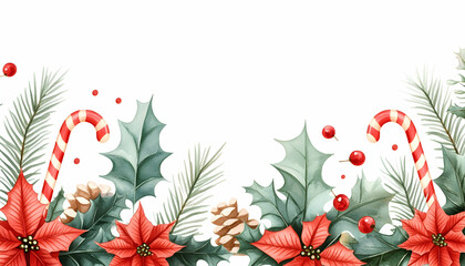Christmas border with poinsettias, holly, pine, candy canes, and berries on white background.
