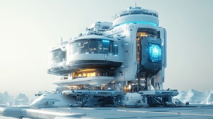 Futuristic research facility on icy terrain, featuring advanced technology.