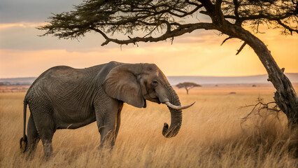 Naklejka premium Gentle Elephants Touching Trunks at Sunset in Africa
