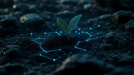 Digital Plant Growth Concept with Neon Elements and Soil Texture for Environmental Innovation