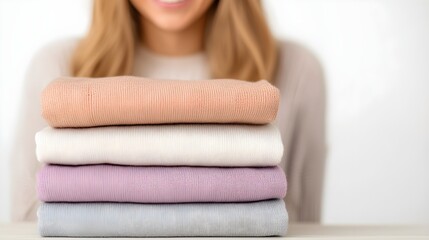 Naklejka premium close-up of smiling woman with folded clothes, background shows blurred clothing rack, fresh and organized, isolated on white background