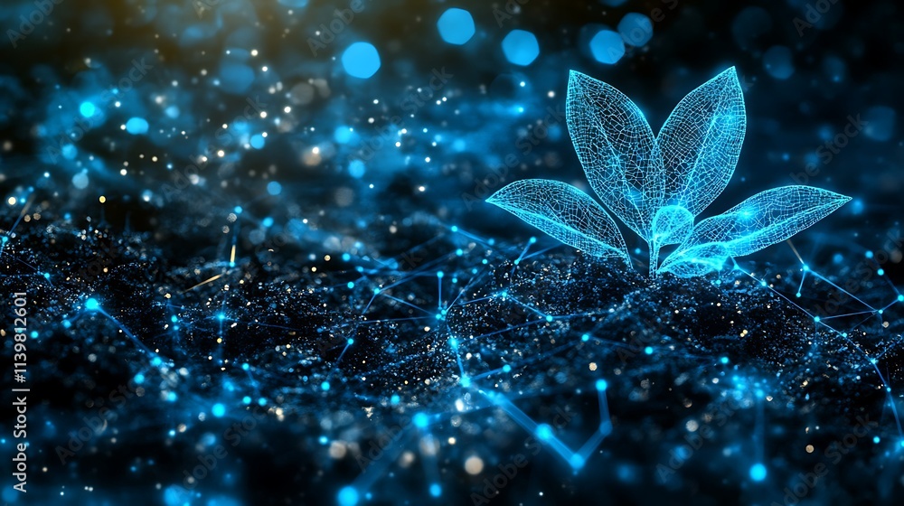 Poster digital plant growth in futuristic neon environment with abstract particle and light effects