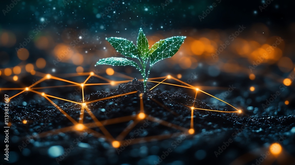 Poster digital representation of a green plant sprouting from soil with glowing connections and particles i