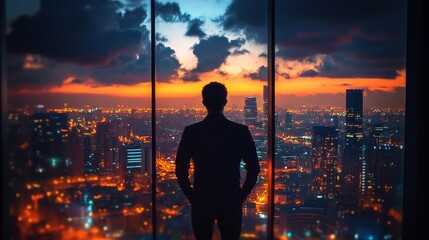 Fototapeta premium A silhouette of a man standing in front of a panoramic window overlooking a futuristic cityscape with colorful skies and glowing lights