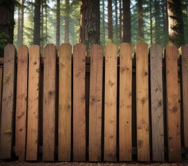 Fototapeta premium Wood planks against a wooden fence in a forest environment, foliage, tree trunk background