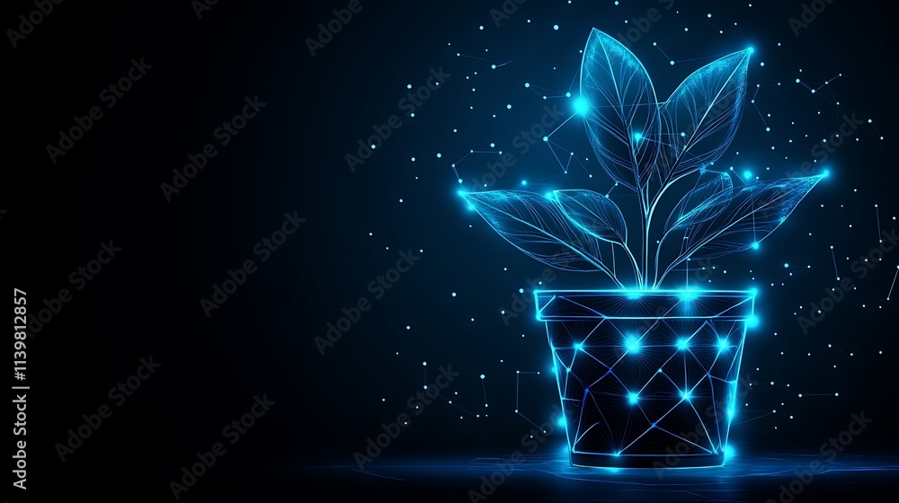 Poster digital representation of a plant in a pot with glowing lines and dots against a dark background