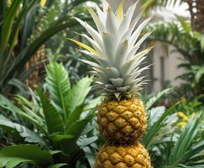 White and yellow ananas with green leaves in a botanical garden, floral arrangement, fruit, greenery