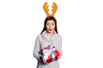 Photo of pretty lady with toy horns on her head holding red giftbox wear knitted pullover isolated blue background