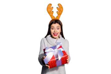 Petty lady with toy horns on her head giving red giftbox mommy wear knitted pullover isolated blue background