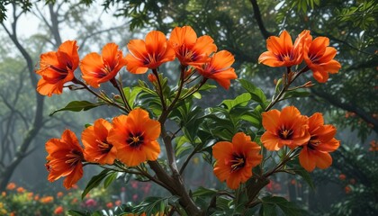 Vibrant African Tulip Tree flowers in full bloom , tropical flowers, garden, african flowers