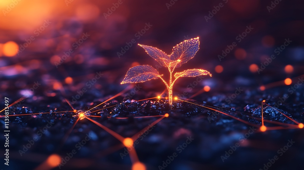 Poster digital sprouts emerging from soil with glowing connections symbolizing growth and technology fusion